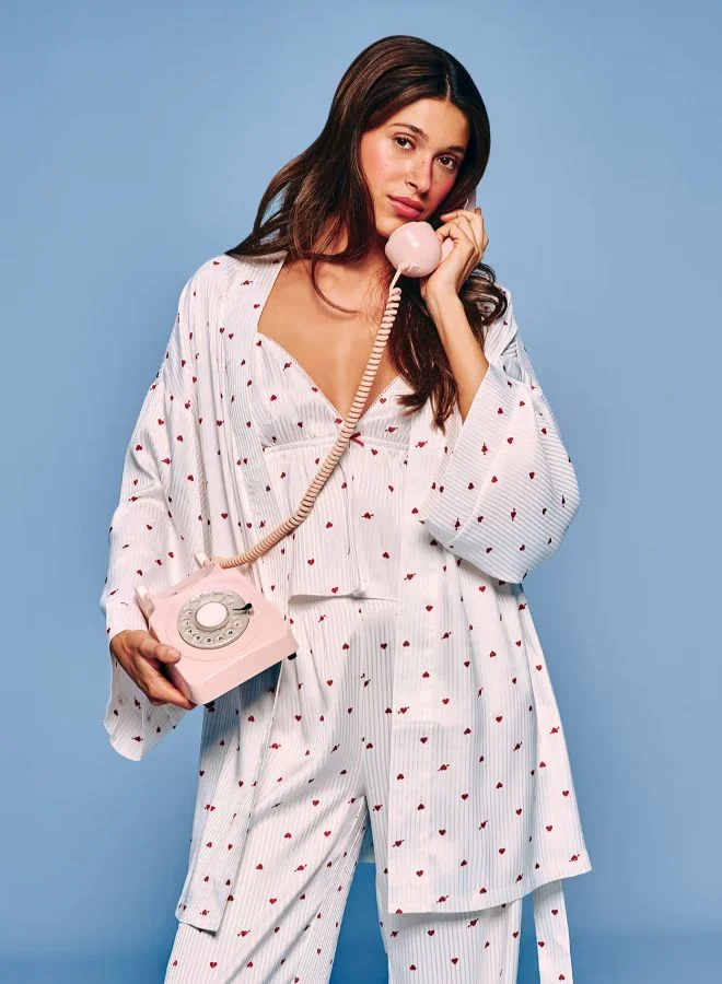 Satin kimono with heart pattern and "love me" embroidery